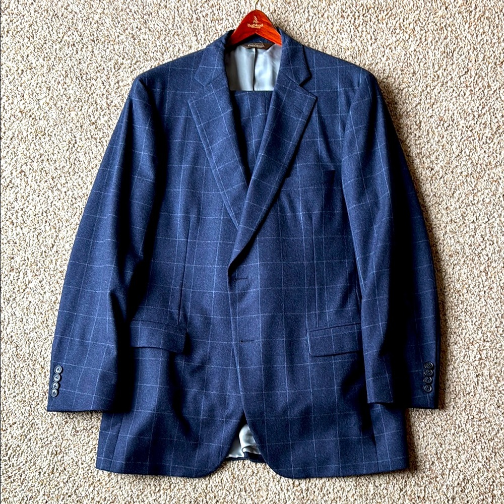 *Luxury* Paul Stuart Navy Windowpane Check Wool Flannel 2 Btn Suit 42 L
